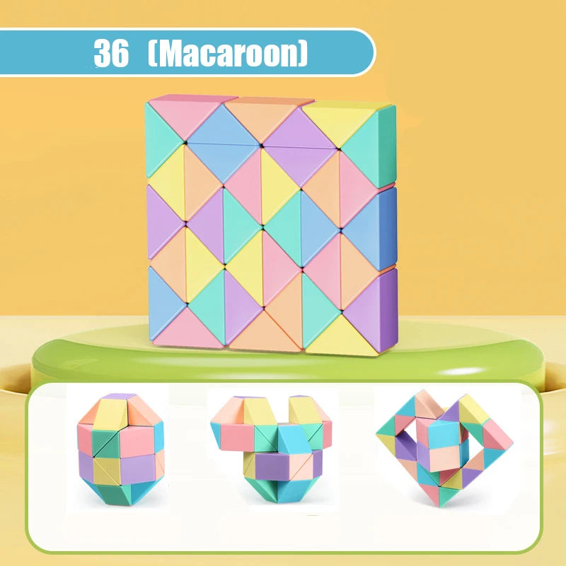 A colorful magic snake cube 3D puzzle fidget toy with geometric shapes in pink, blue, and yellow.