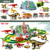 Dinosaur train track set featuring various dinosaurs and a mist-spouting volcano landscape.