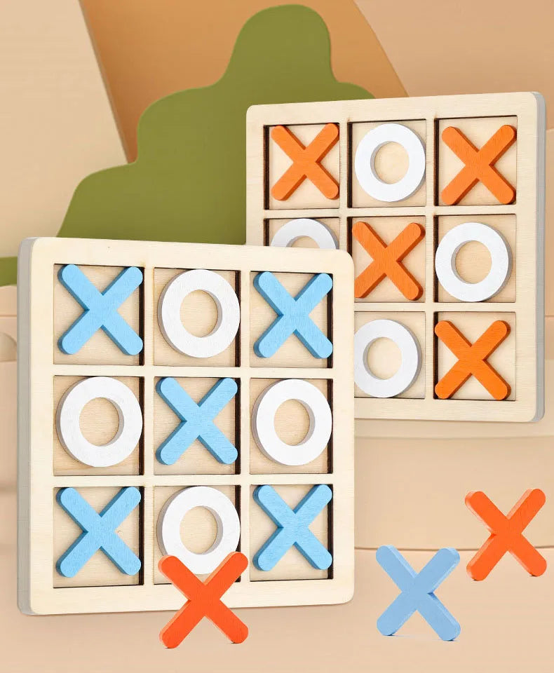 Wooden tic tac toe board game with wooden and wooden cross pieces in orange, blue, and white