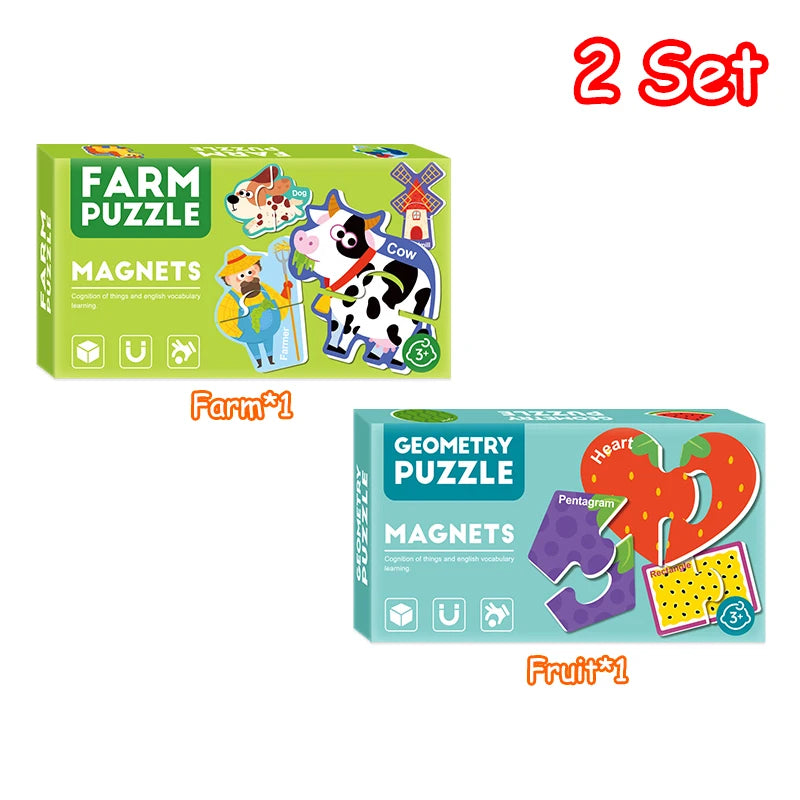 Two sets of Montessori magnetic puzzles, including a Farm puzzle and a Geometry puzzle.