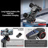 Mini 1:64 scale RC monster truck with FPV camera and live video display shown on a blue surface.