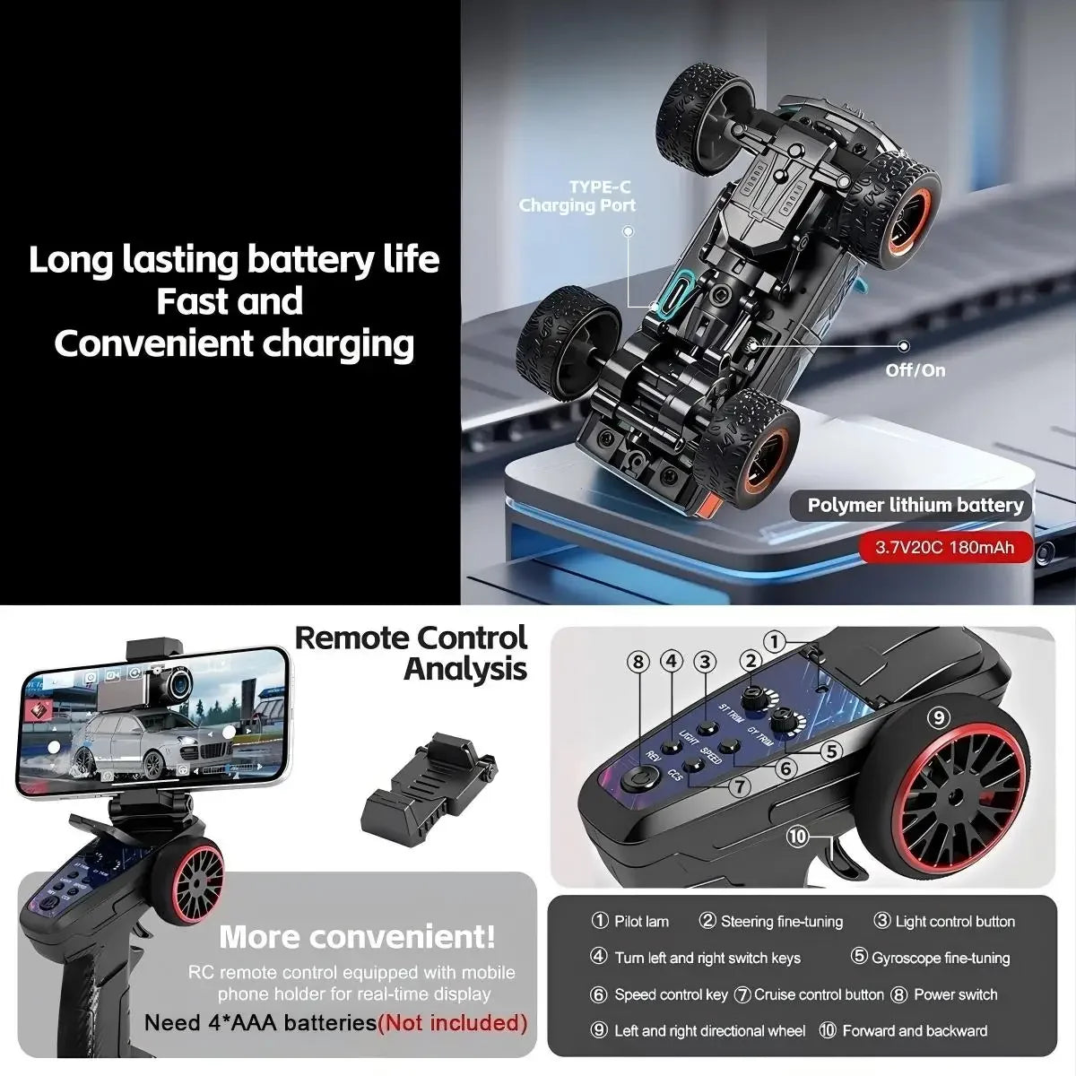 Mini 1:64 scale RC monster truck with FPV camera and live video display shown on a blue surface.