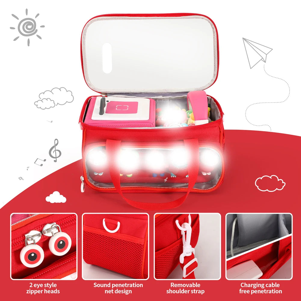 Red Toniebox travel case with a clear window and adjustable shoulder strap