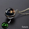 A pendant necklace featuring a glass sphere depicting Saturn and an emerald green planet.