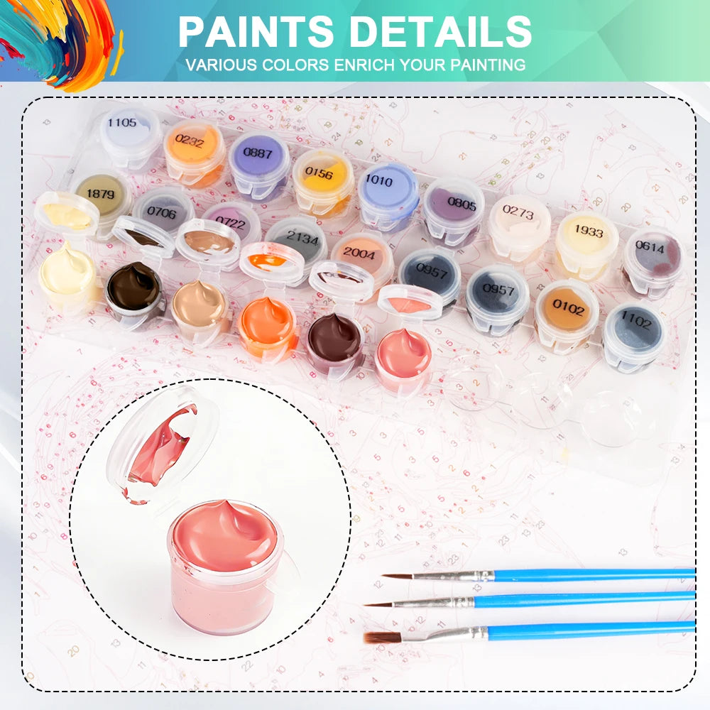 A collection of various colored paints and brushes for painting, including rose, sunflower, and peony shades.
