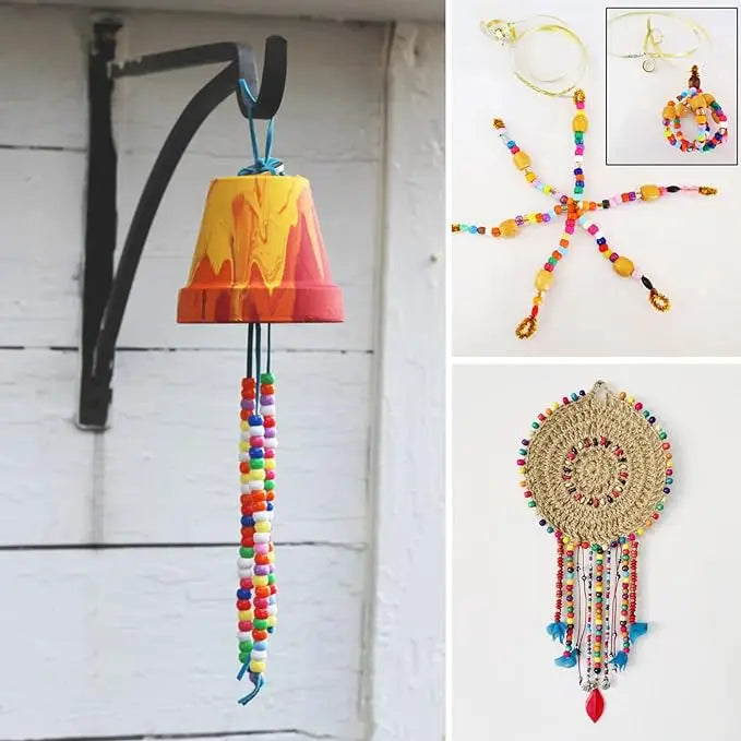 A display of multicolor pony beads used for jewelry making and crafts, shown alongside finished beaded jewelry.