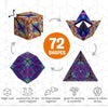 A geometric magnetic fidget cube shown in various forms and shapes, highlighting 72 possible designs for learning and creativ