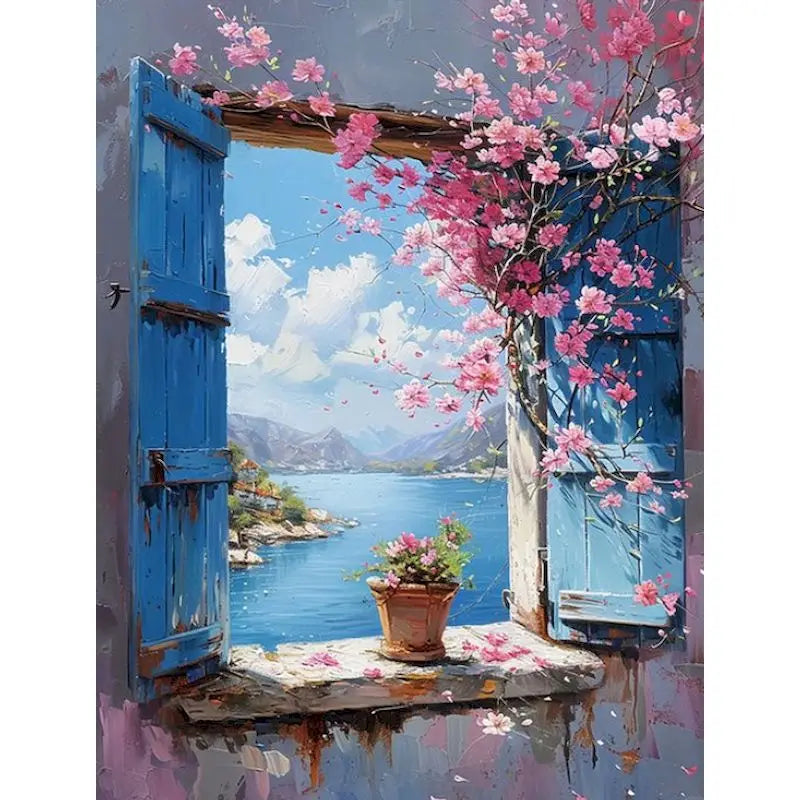 An oil painting depicting a vibrant pink flowering tree outside a blue wooden window frame overlooking a scenic blue lake and