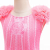 Pink striped dress with fluffy pink ruffles and a floral embellishment for a girl's costume.