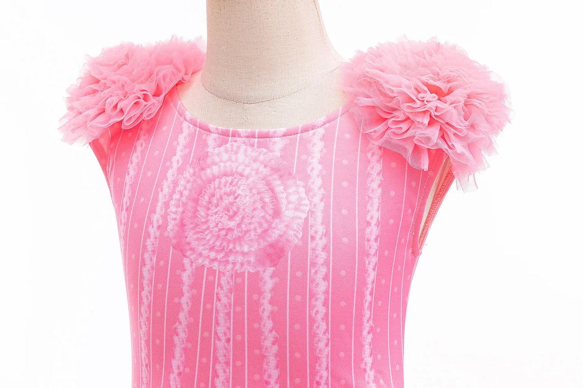 Pink striped dress with fluffy pink ruffles and a floral embellishment for a girl's costume.