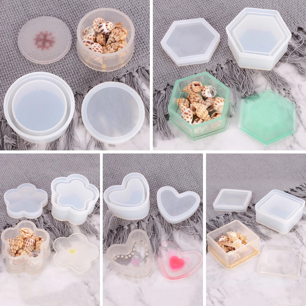 3-Piece Silicone Resin Mold Set with Lids — Heart, Hexagon & Flower Shapes