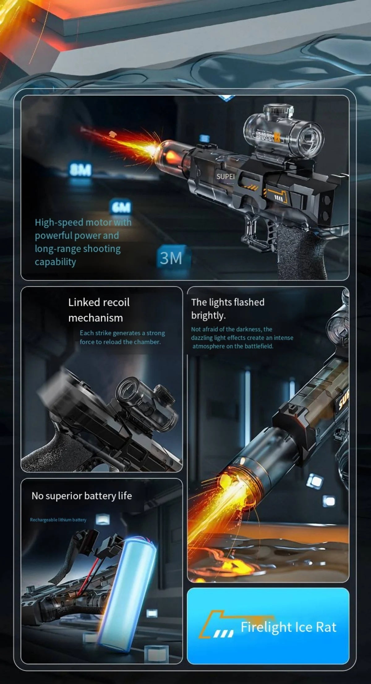 Electric Water Gun with Recoil and LED Flame Effects