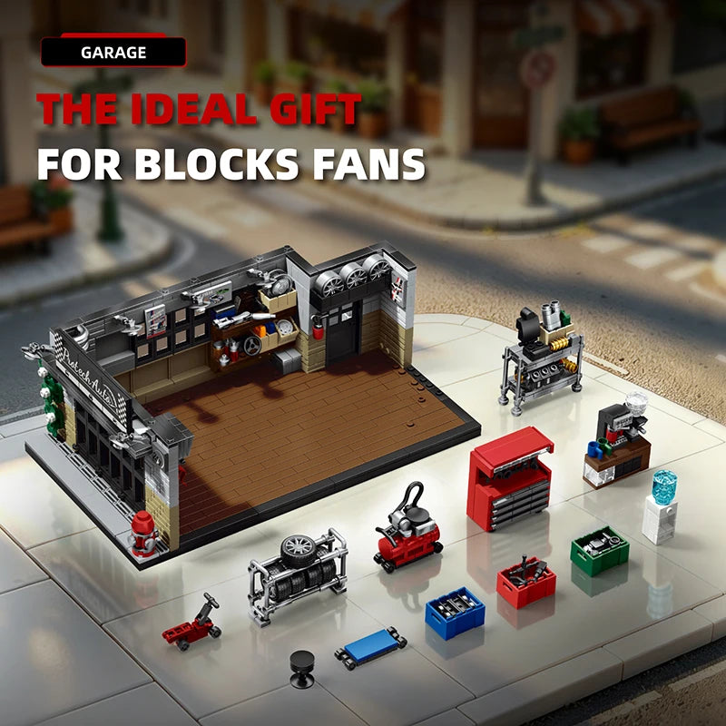 A detailed model of a vintage American garage building blocks set with various accessories displayed on a light surface.