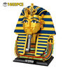 A detailed building blocks set of an Egyptian Pharaoh golden mask featuring blue and yellow stripes.