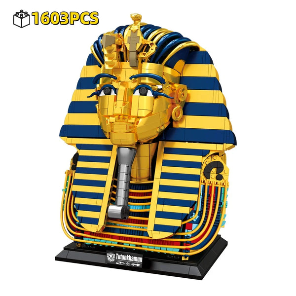 Detailreiches Bausteinset einer goldenen Pharaonenmaske mit blauen und gelben Streifen