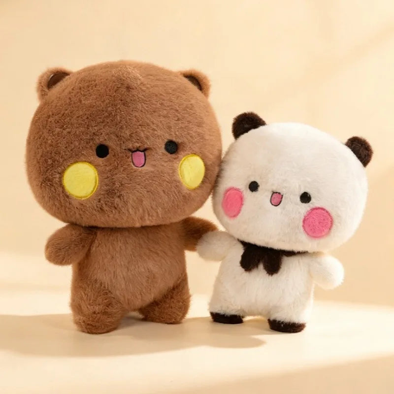 A pair of brown and white panda plush toys, Bubu and Dudu, are shown standing together.