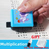 A hand holds a blue roller stamp for multiplication practice on lined paper.