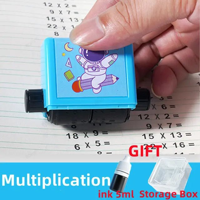 A hand holds a blue roller stamp for multiplication practice on lined paper.