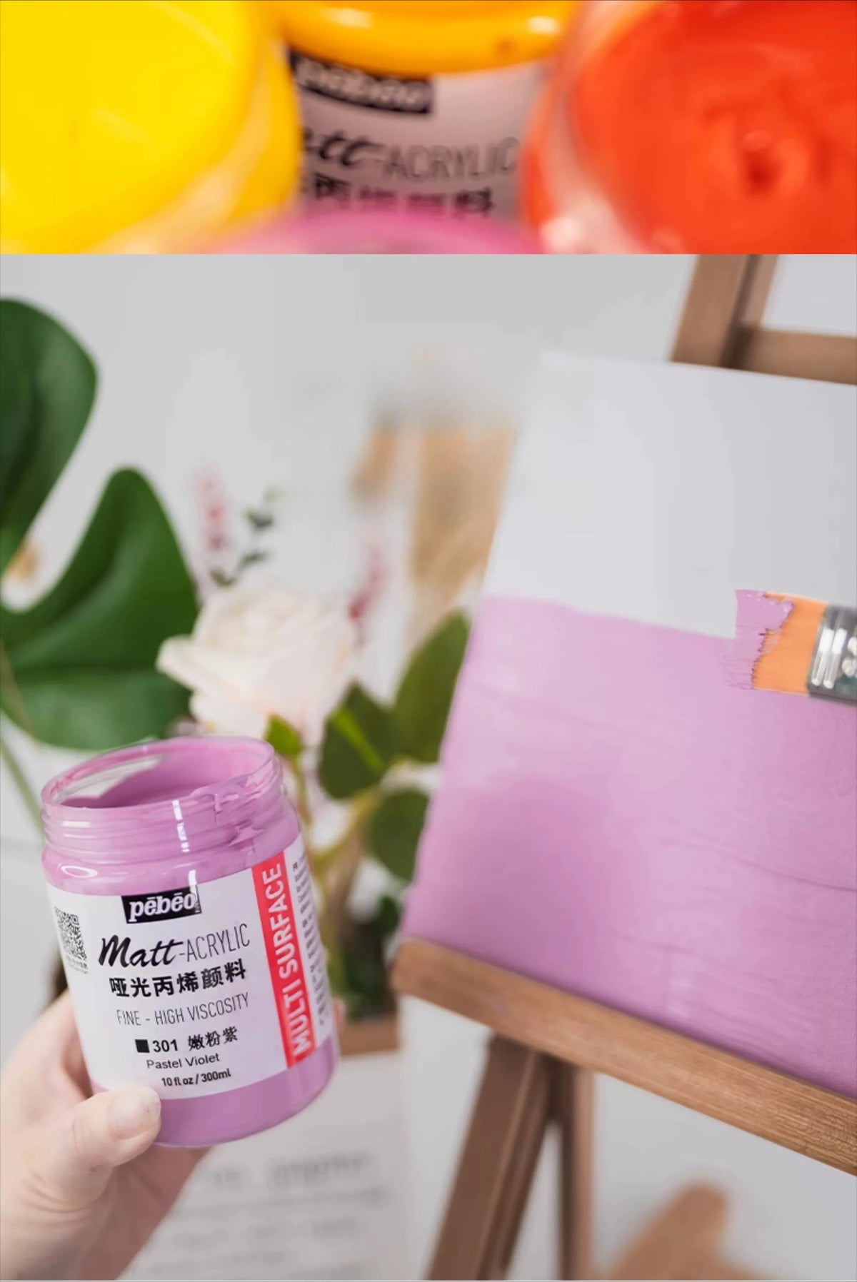 A bottle of PEBEO Matte Acrylic Paint in pastel violet is shown next to a canvas.