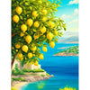 A vibrant painting of a lemon tree with yellow fruit against a bright blue sky and sea.