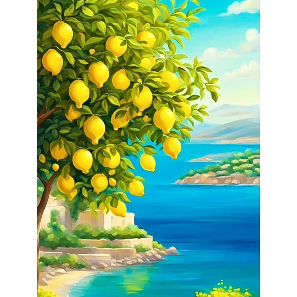 A vibrant painting of a lemon tree with yellow fruit against a bright blue sky and sea.