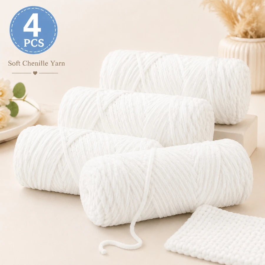 A pack of four white soft chenille yarn balls for crochet and knitting projects.