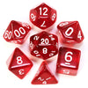 A collection of red acrylic dice, including a d12, d8, d6, and d4, scattered on a white surface.