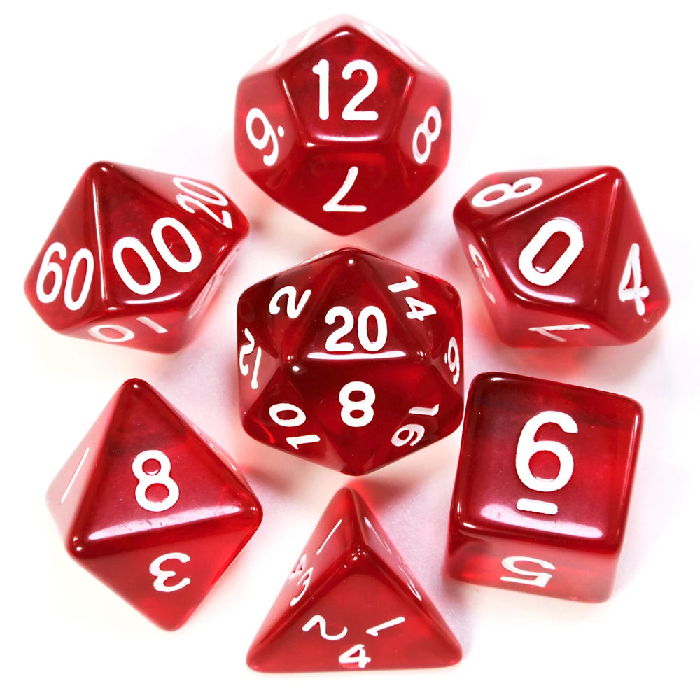 A collection of red acrylic dice, including a d12, d8, d6, and d4, scattered on a white surface.