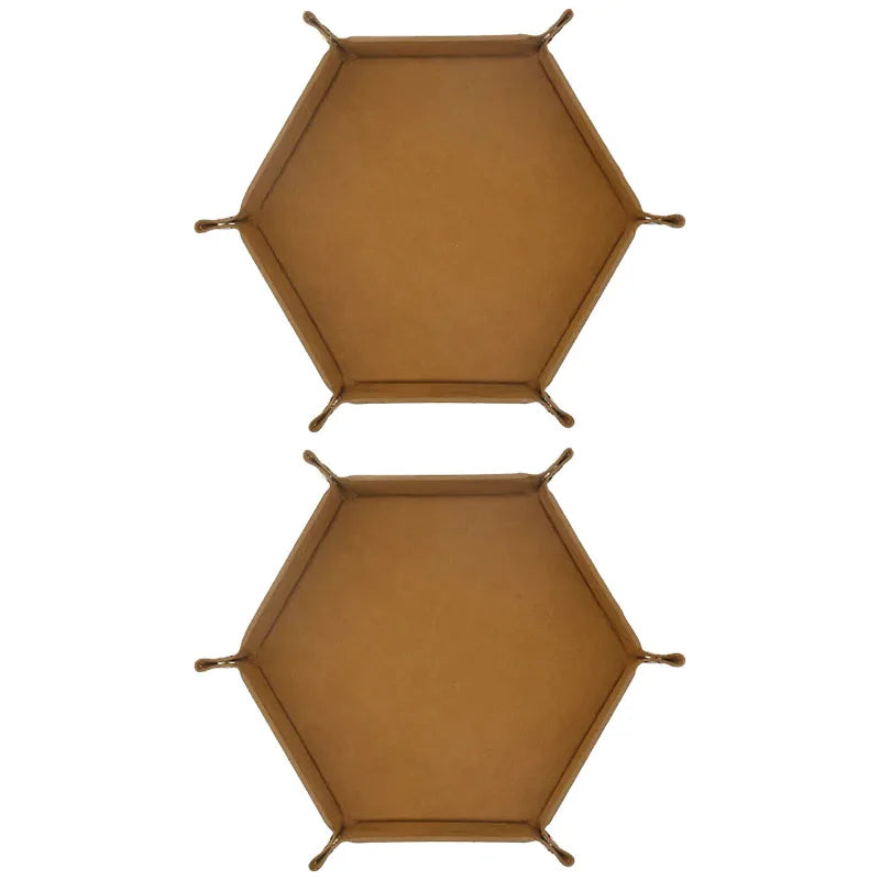 A tan foldable PU leather hexagonal dice tray used as a tabletop game organizer.