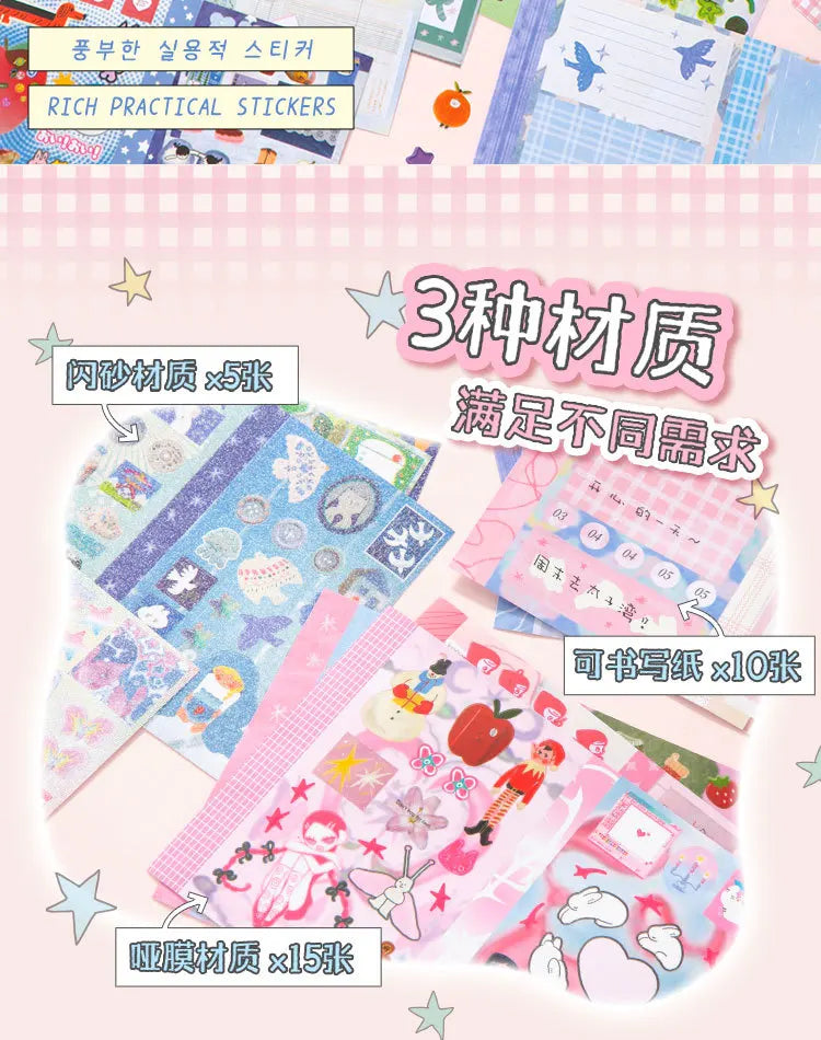 A set of three types of stickers including vinyl, paper, and plastic materials for DIY scrapbooking