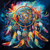 A vibrant painting featuring an owl motif made from colorful feathers and a circular mosaic design.