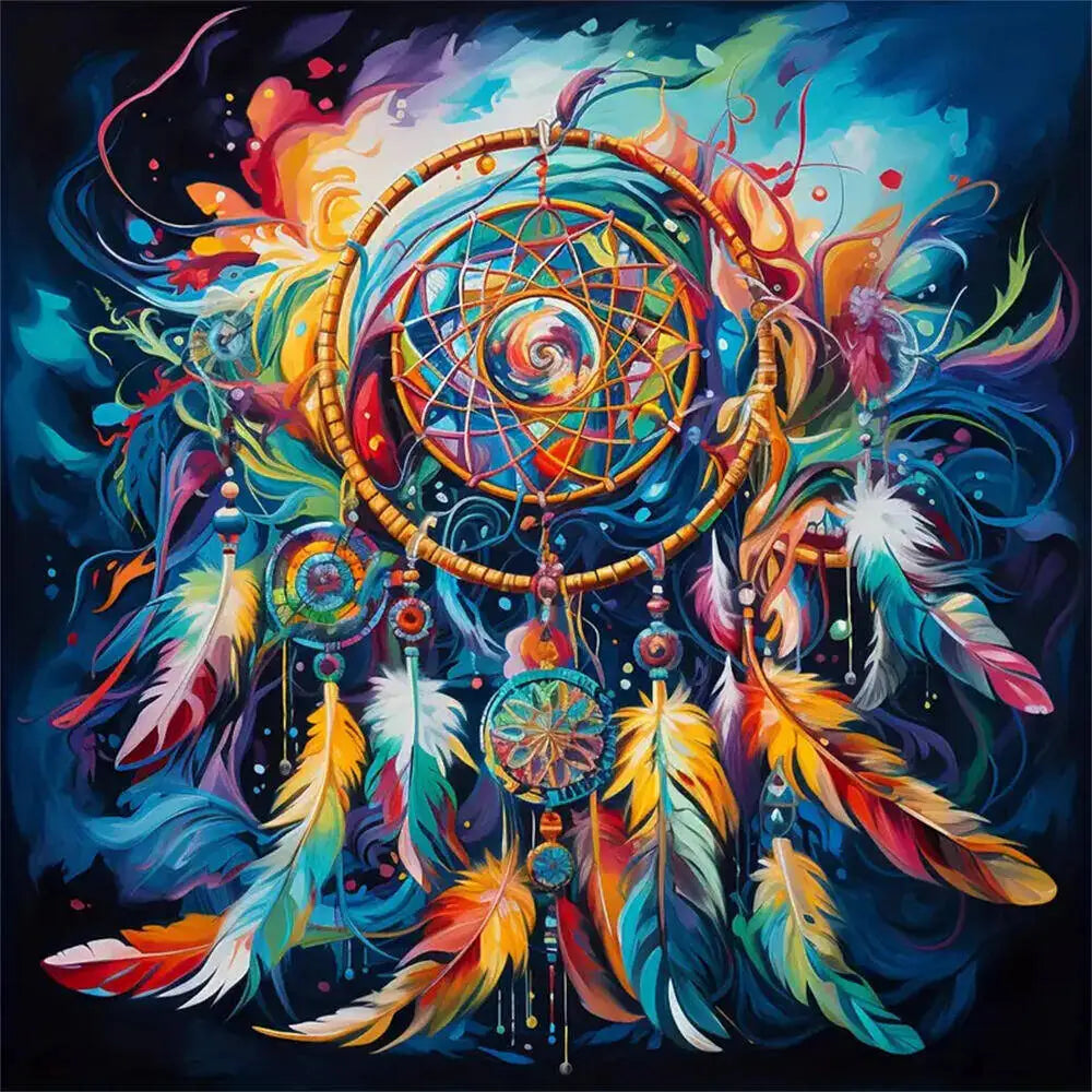 A vibrant painting featuring an owl motif made from colorful feathers and a circular mosaic design.