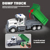 A remote-controlled dump truck toy is shown with a green bed, demonstrating lifting and landing capabilities.