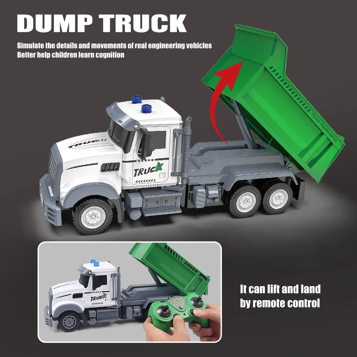A remote-controlled dump truck toy is shown with a green bed, demonstrating lifting and landing capabilities.