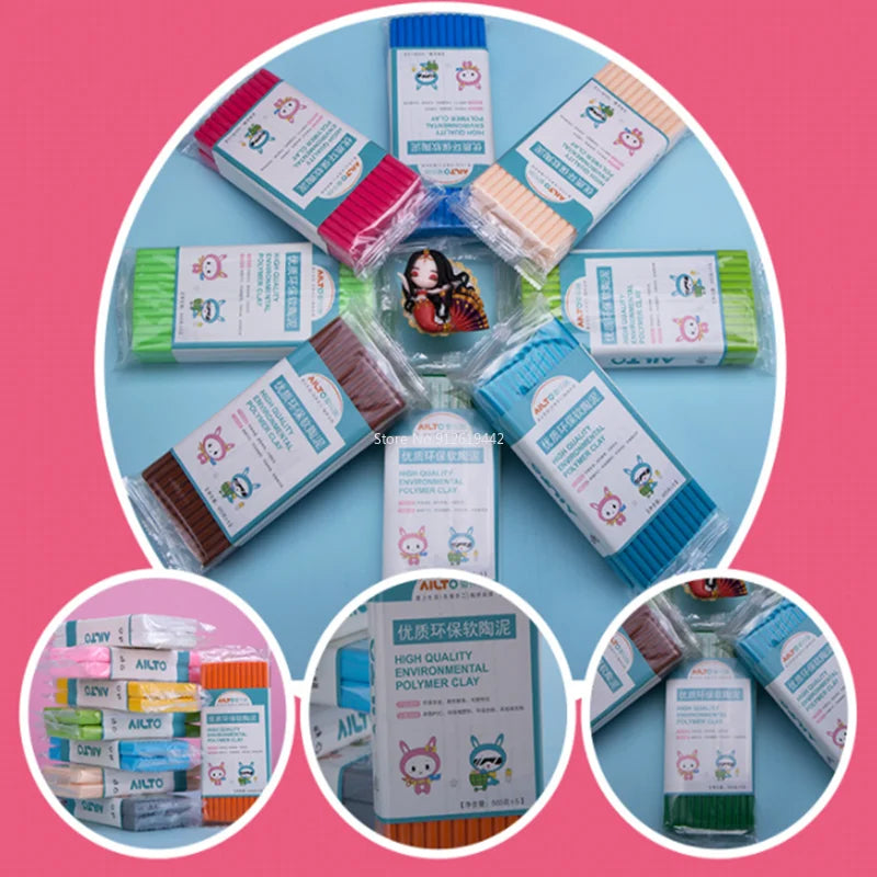 A collection of eco-friendly polymer clay kits in various colors and shapes, including modeling clay and tools.