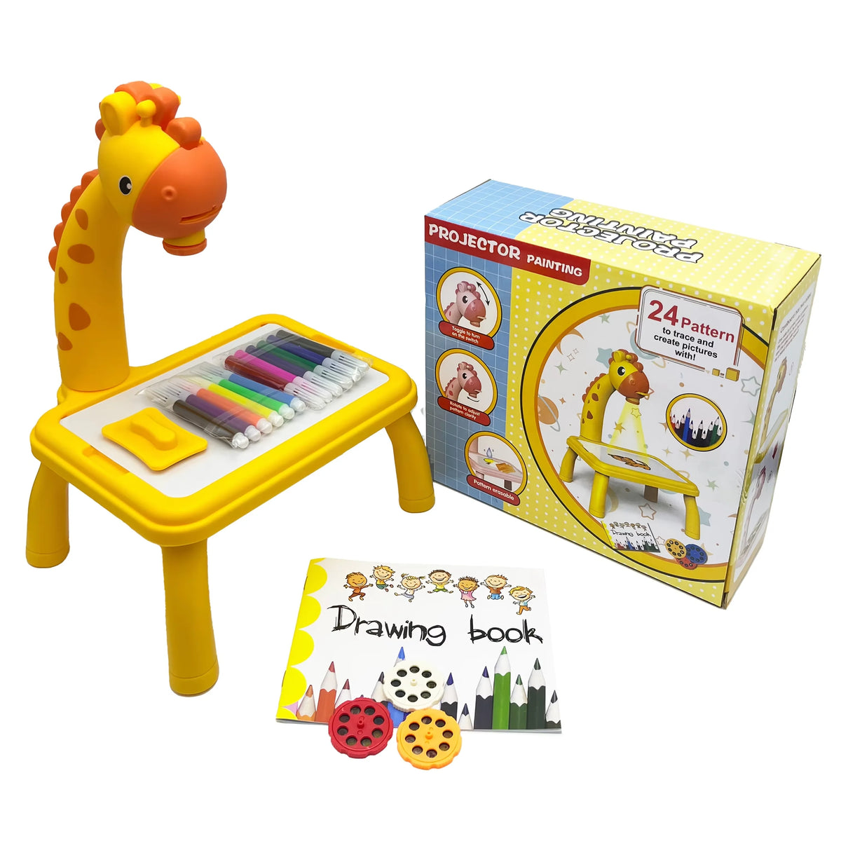 A yellow plastic projector toy for kids with a drawing book and colored pencils box