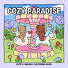 A coloring book cover titled Cozy Paradise featuring cute animals like a bear and a horse surrounded by flowers.