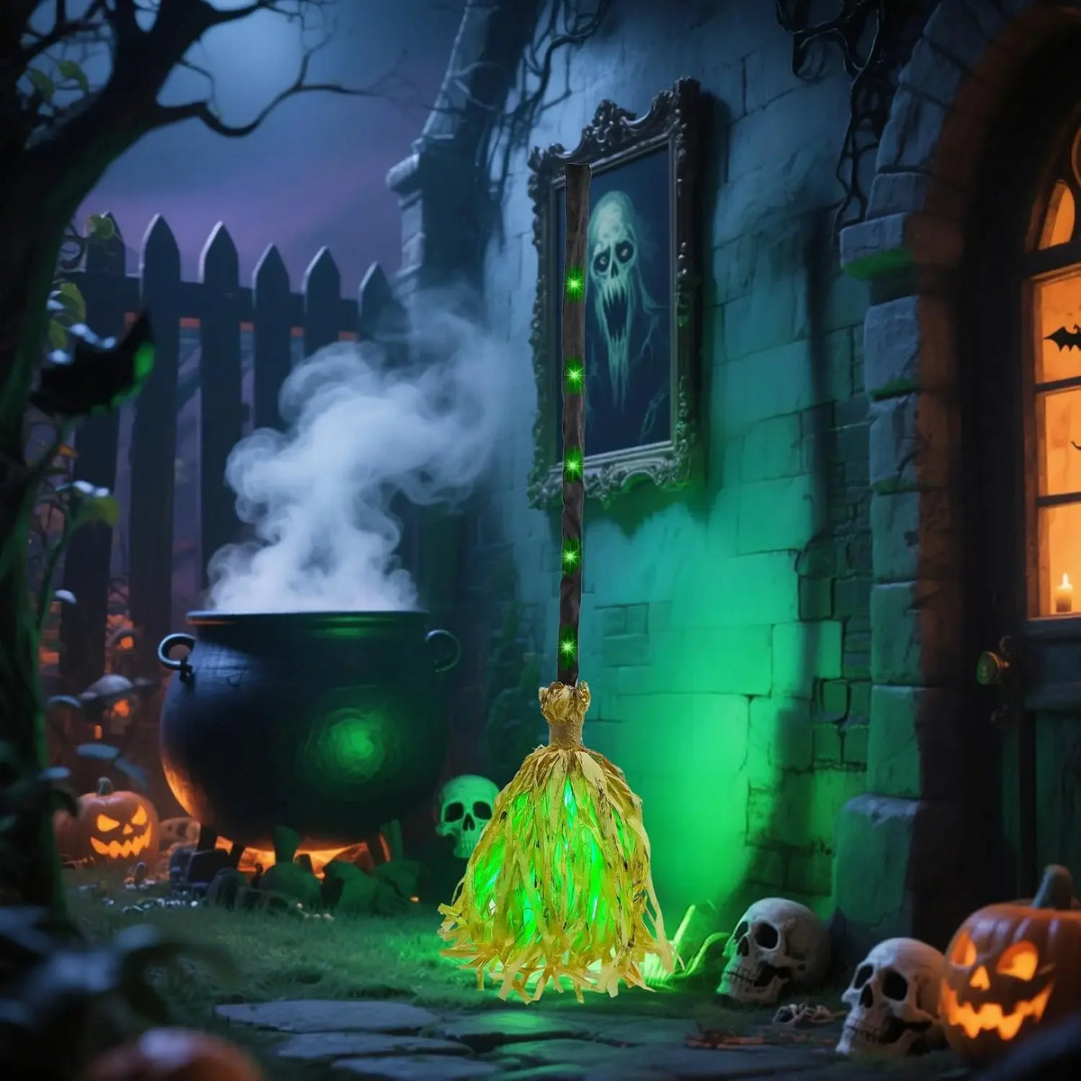 A dark, spooky scene featuring a witch's broom glowing with green LED light near a stone wall and Halloween decorations.