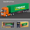 Die-cast toy truck and trailer model in orange and green colors