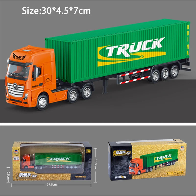Die-cast toy truck and trailer model in orange and green colors