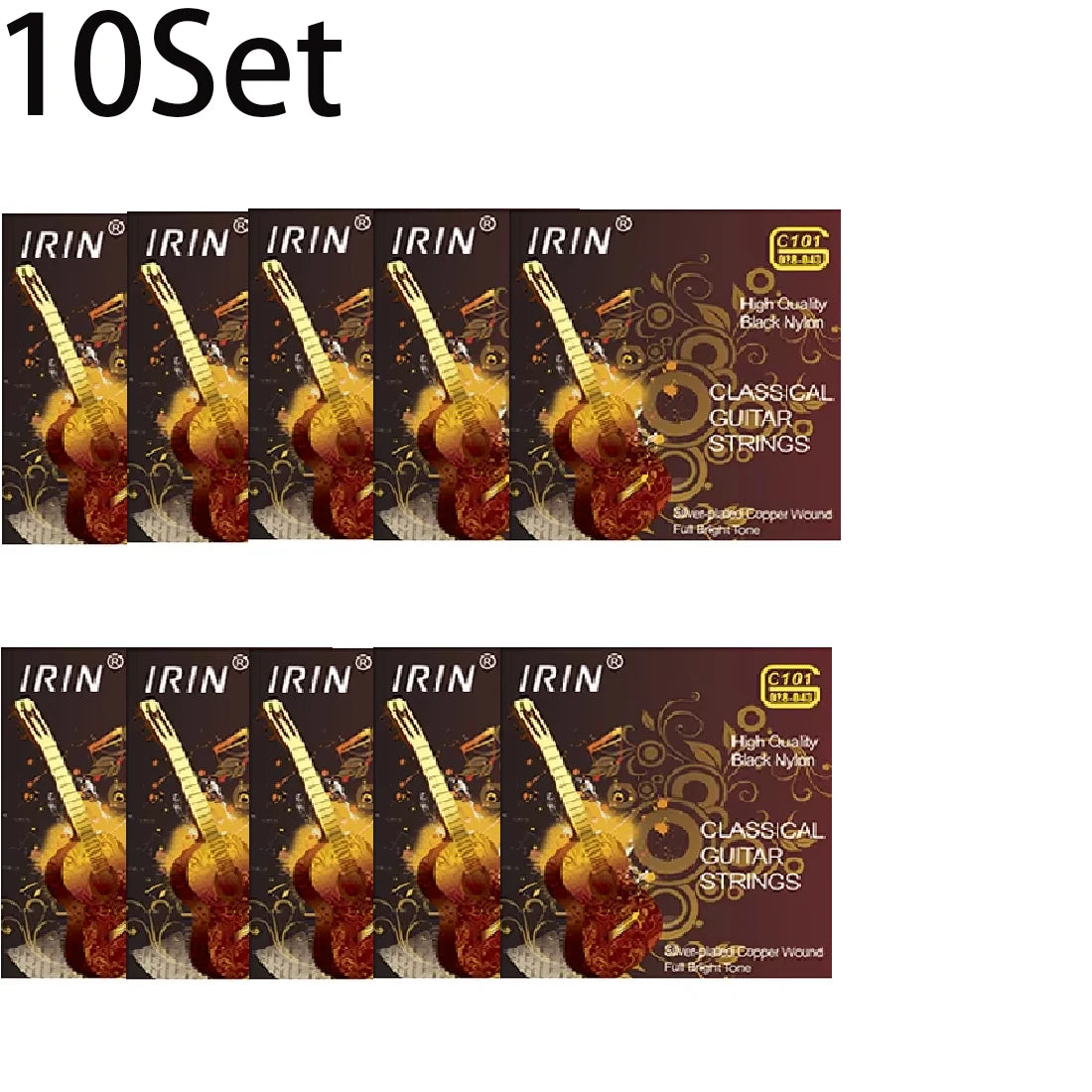 A set of 10 classical guitar strings featuring clear nylon and silver-plated copper wound strings.