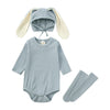 A light blue rabbit romper set for babies includes a matching hat and socks.