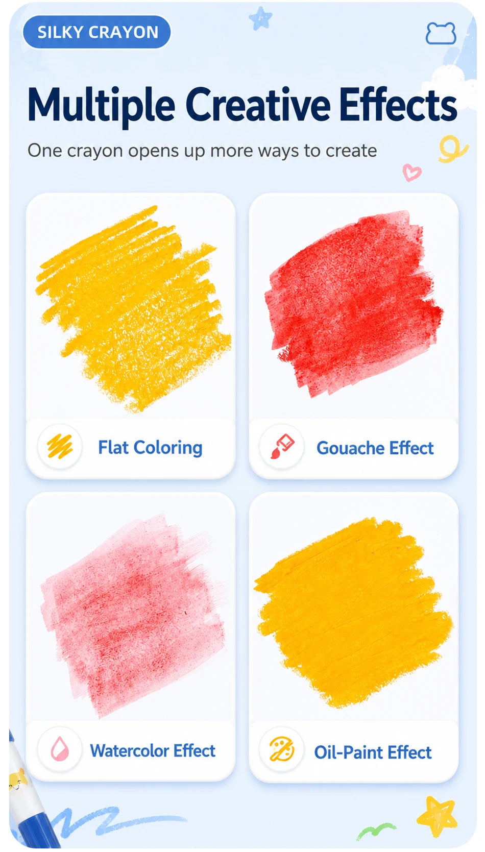 A set of silky crayon colors demonstrating multiple creative effects like flat coloring, gouache, watercolor, and oil paint t