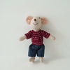 A handmade mouse plush doll with pink ears and a red striped shirt and dark blue shorts.