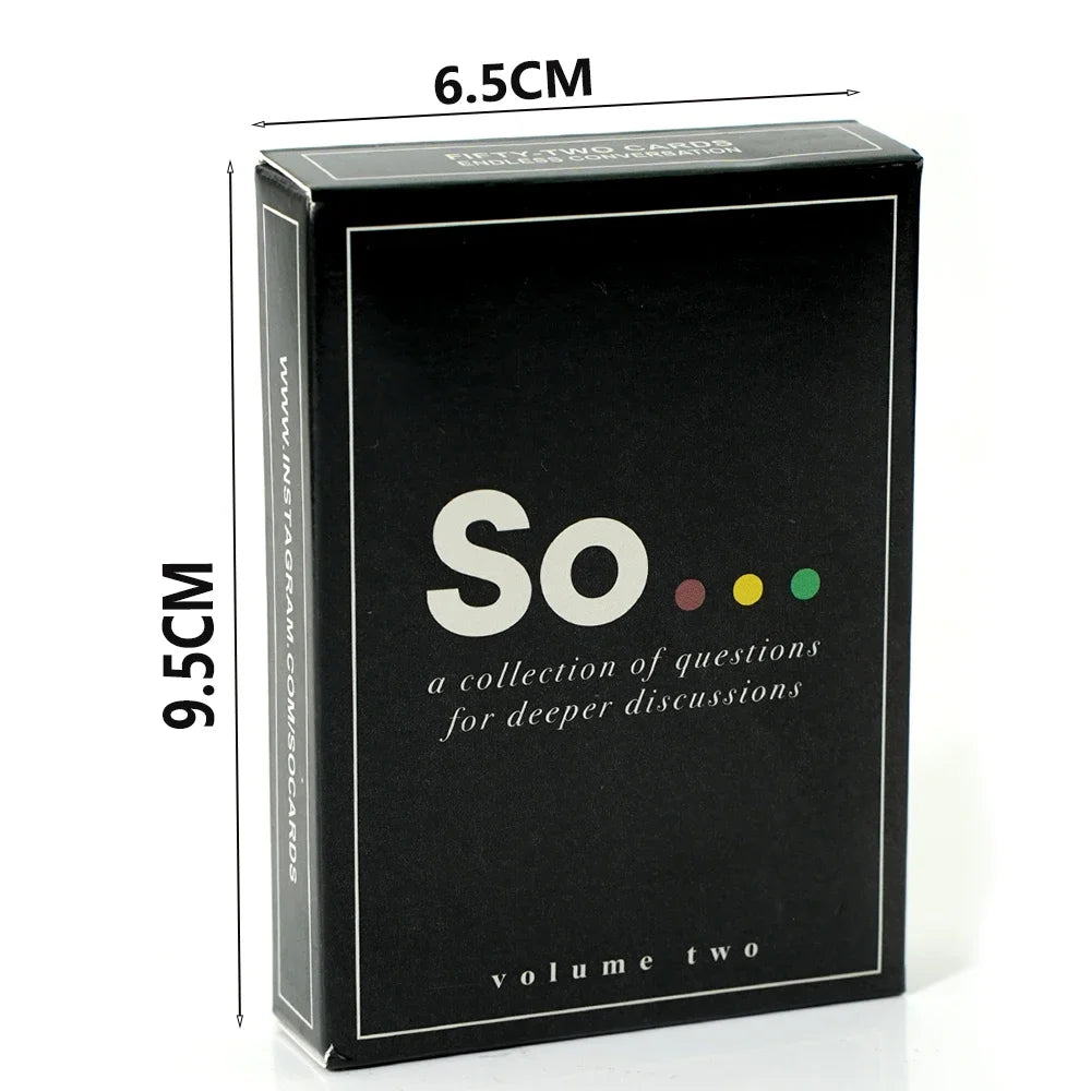 A black box labeled volume two of So Cards a collection of questions for deeper discussions with dimensions 6.5cm by 9.5cm