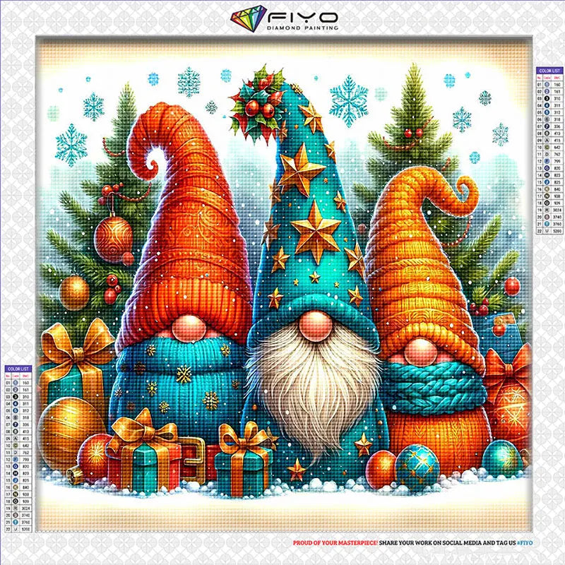 A diamond painting kit featuring a colorful Christmas gnome mosaic art with a beard and festive hat.