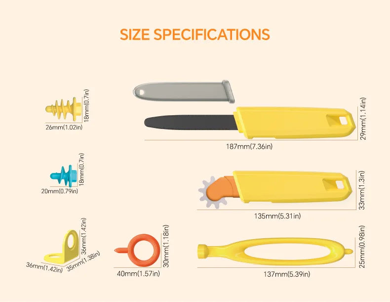 Size specifications showing various dimensions of a cardboard construction kit including a cutter and tool box.