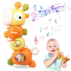 A yellow musical giraffe teether and rattle toy is shown next to a baby playing with it.