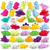A collection of colorful squishy dinosaur fidget toys in various shades including yellow, green, pink, and blue.