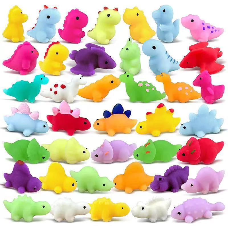 A collection of colorful squishy dinosaur fidget toys in various shades including yellow, green, pink, and blue.
